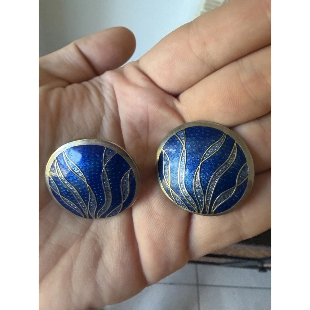Vintage ILIS Cloisonné Earrings Blue Enamel Silver Tone Round Statement Earrings